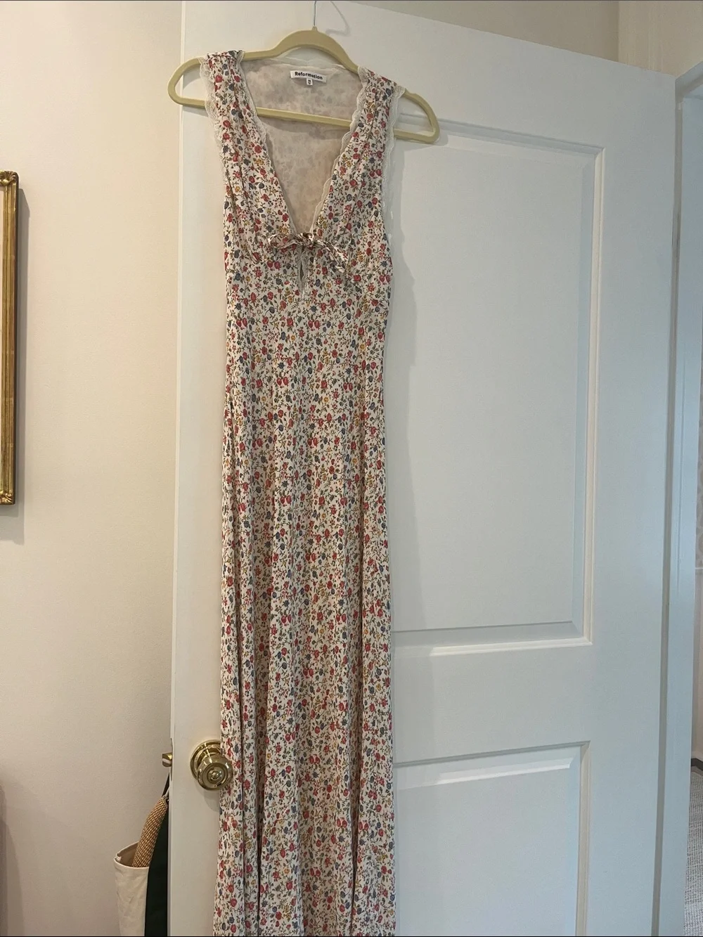 Reformation White Maxi Dress with Red & Green Floral - Picture 2 of 5